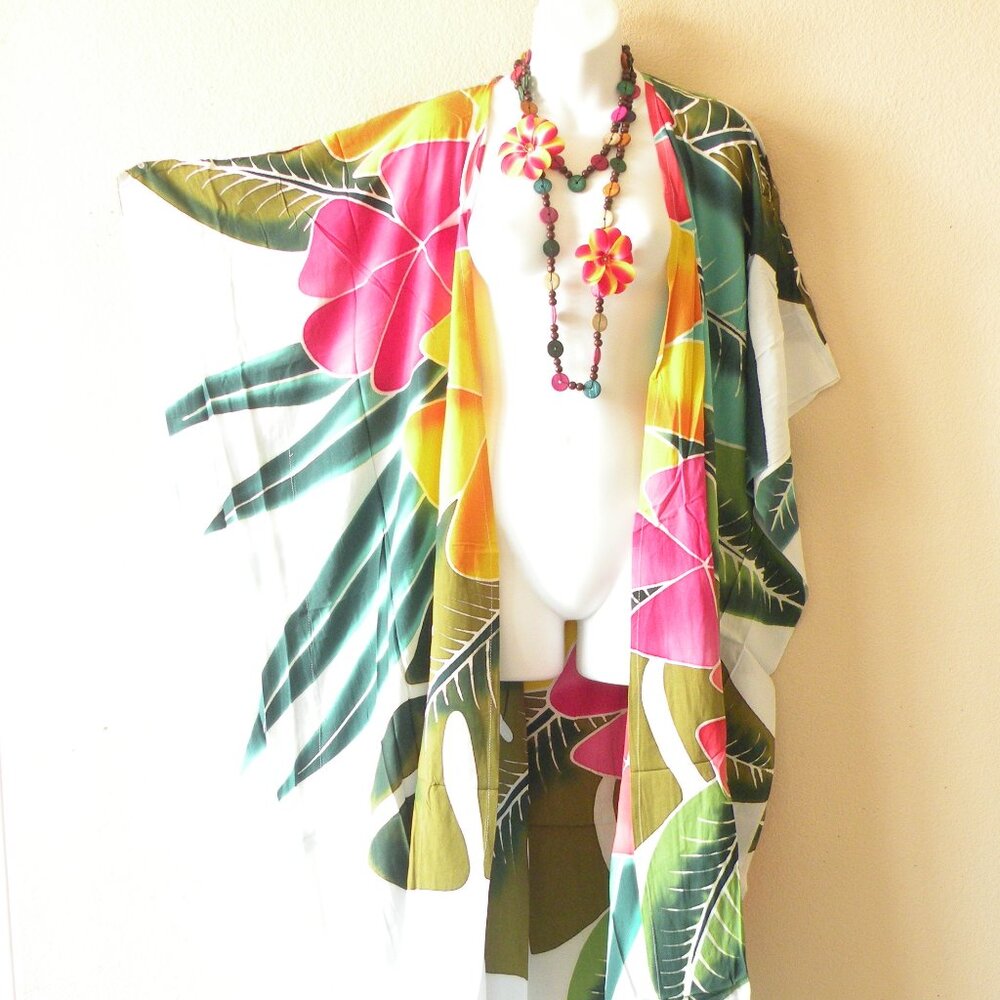 CD544 Floral Batik Women Hand Painted Cover Up Maxi Cruise Cardigan fit upto 5X